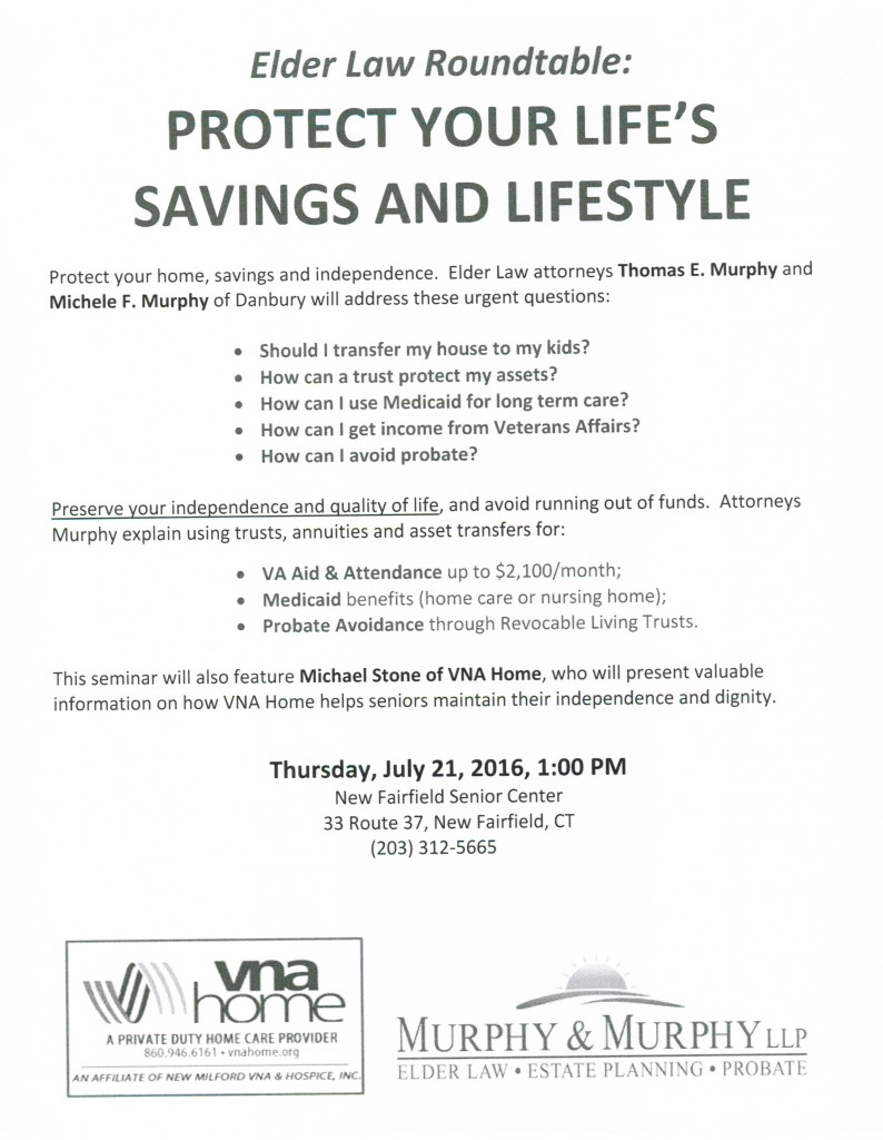 New Fairfield Senior Center Roundtable Announcement Protect Your Life Savings and Lifestyle 07.21.16